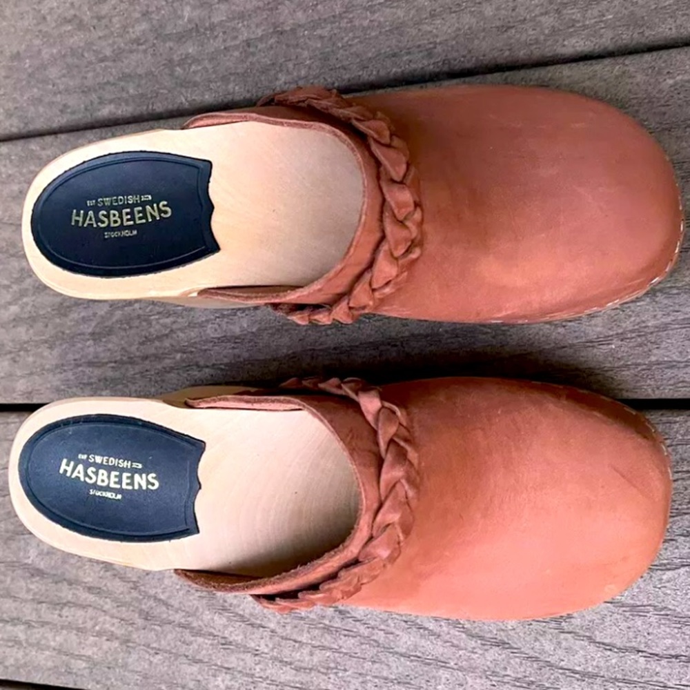 EUC SWEDISH HASBEENS SHOES LAILA CLOG BROWN LEATHER BRAIDED MULE HEEL 38